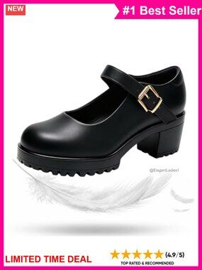Women's Chunky Heel Mary Jane Platform Pumps Microfiber Leather Work Office